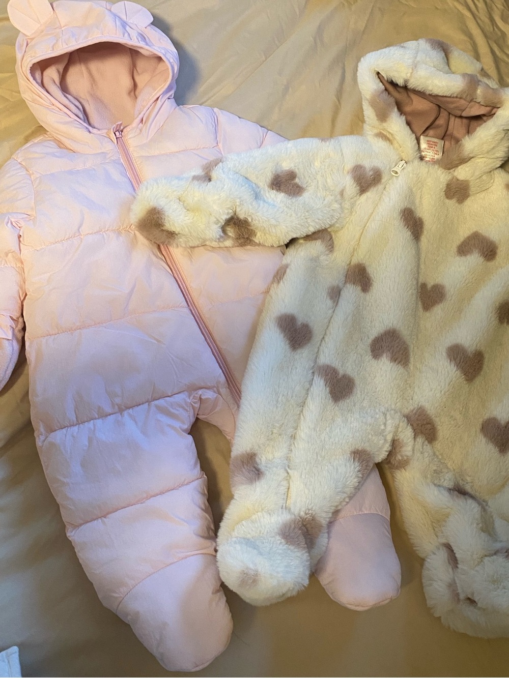Light Pink Puffer One-Piece & Cream Heart Plush